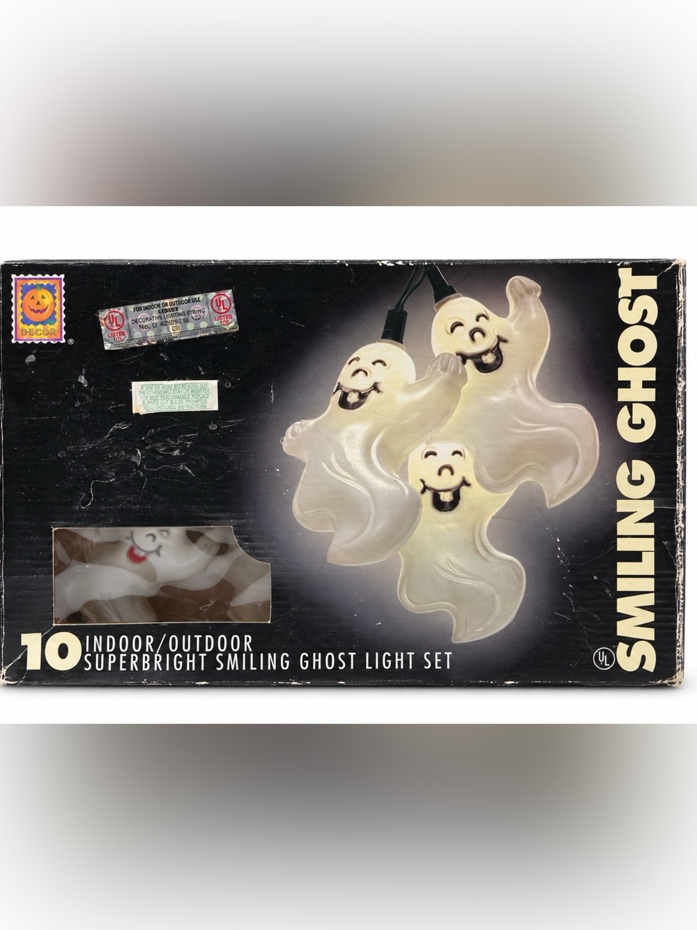 Vintage 1996 Pumpkin Hollow Smiling Ghost Blow Mold String Lights 10 Ct w/ Box